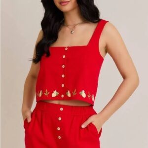 Le Lis Red Button-Up Crop Top with Floral Accents